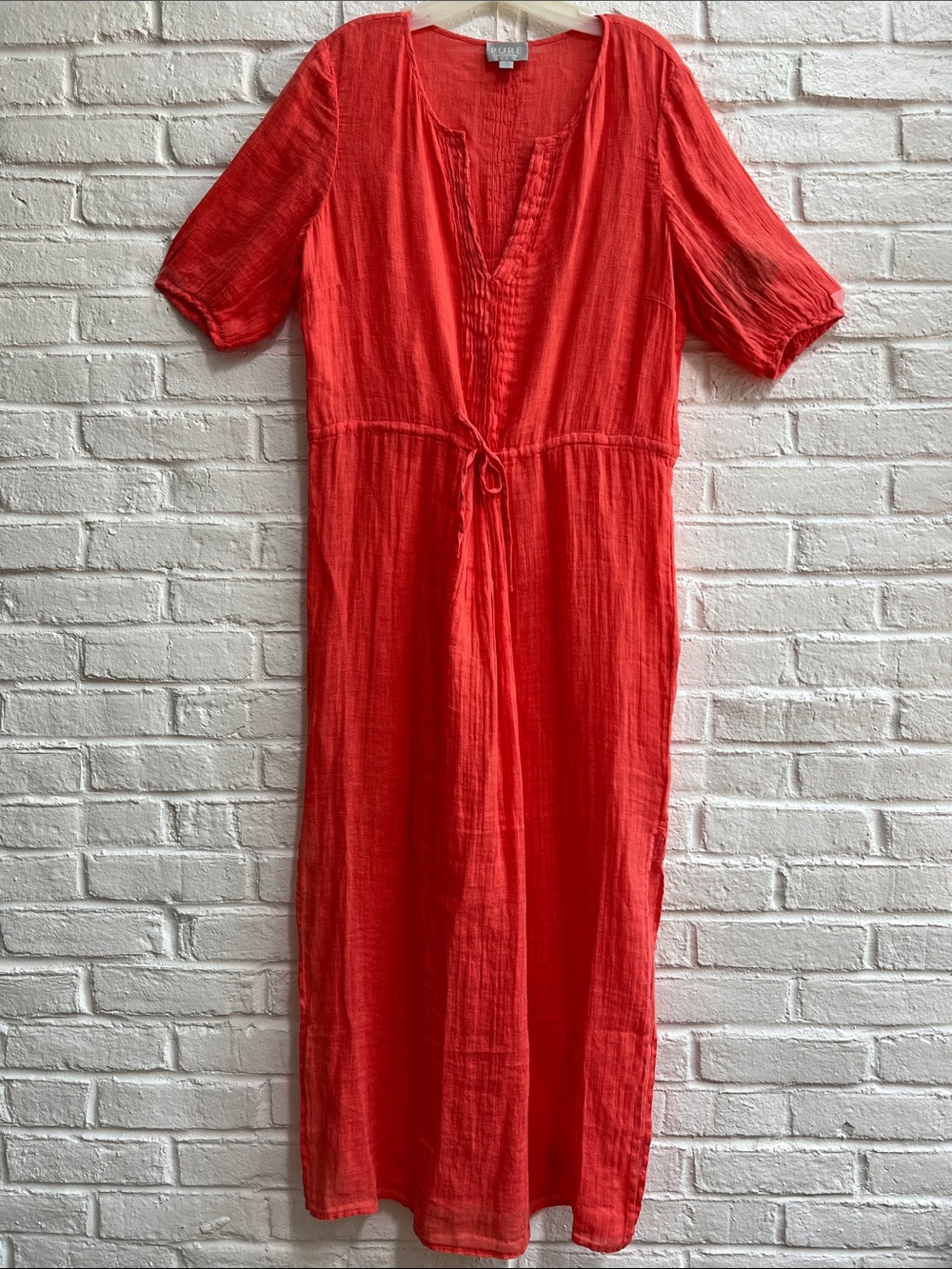 PURE COLLECTION Red Vneck Short sleeve Maxi Dress Dainty Pleats Drawstring waist - Picture 3 of 16